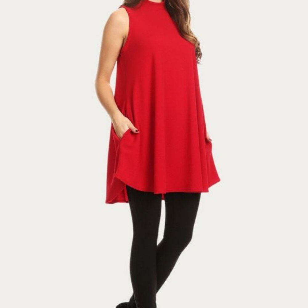 COPY - Long Body Sleeveless Top With Mock Neck - Red